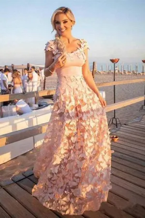 A Line Blush Pink 3D Butterfly Sweetheart Lace Long Prom Dresses with Cap Sleeve JS451