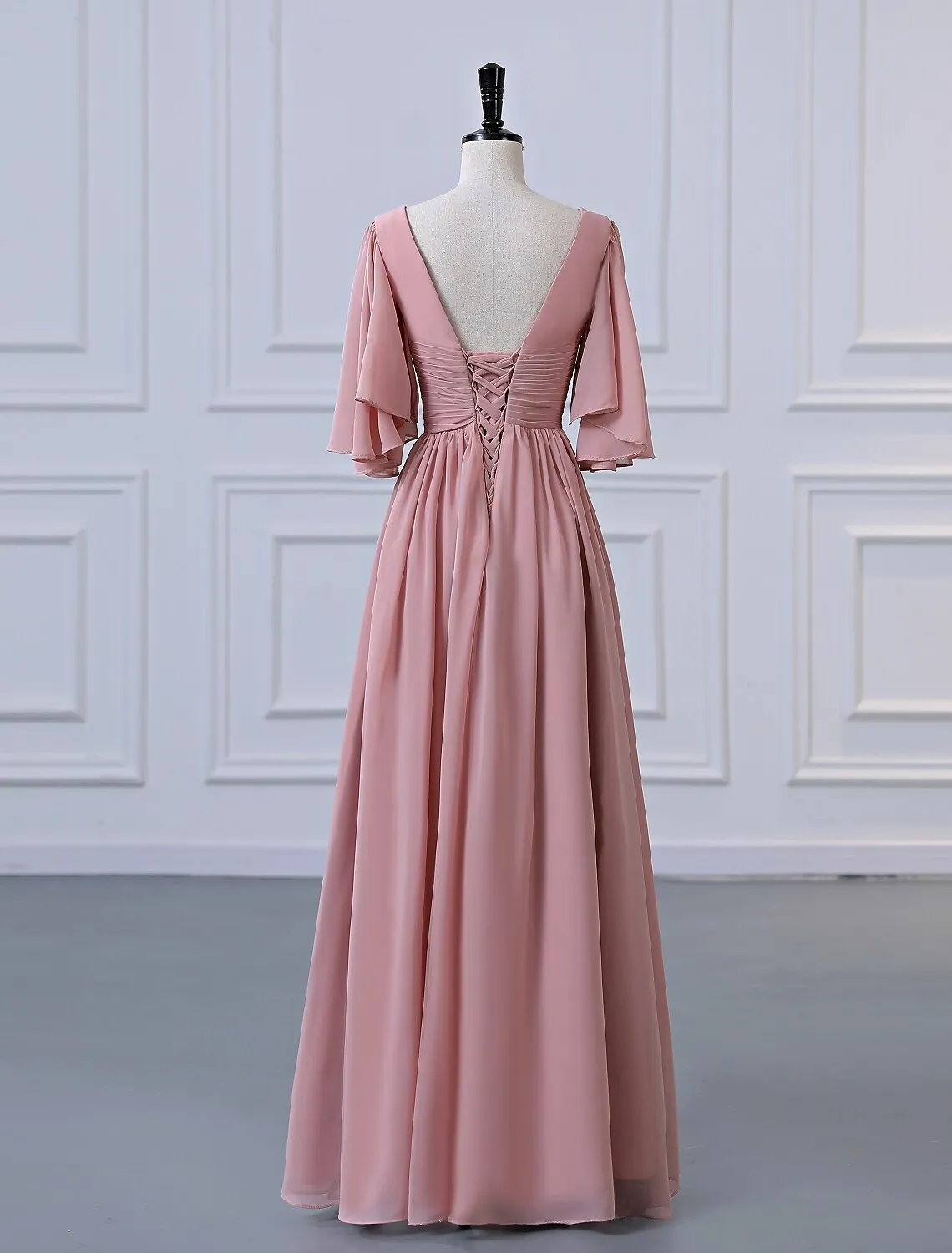 A-Line Bridesmaid Dress V Neck Half Sleeve Elegant Floor Length Chiffon with Pleats / Ruffles