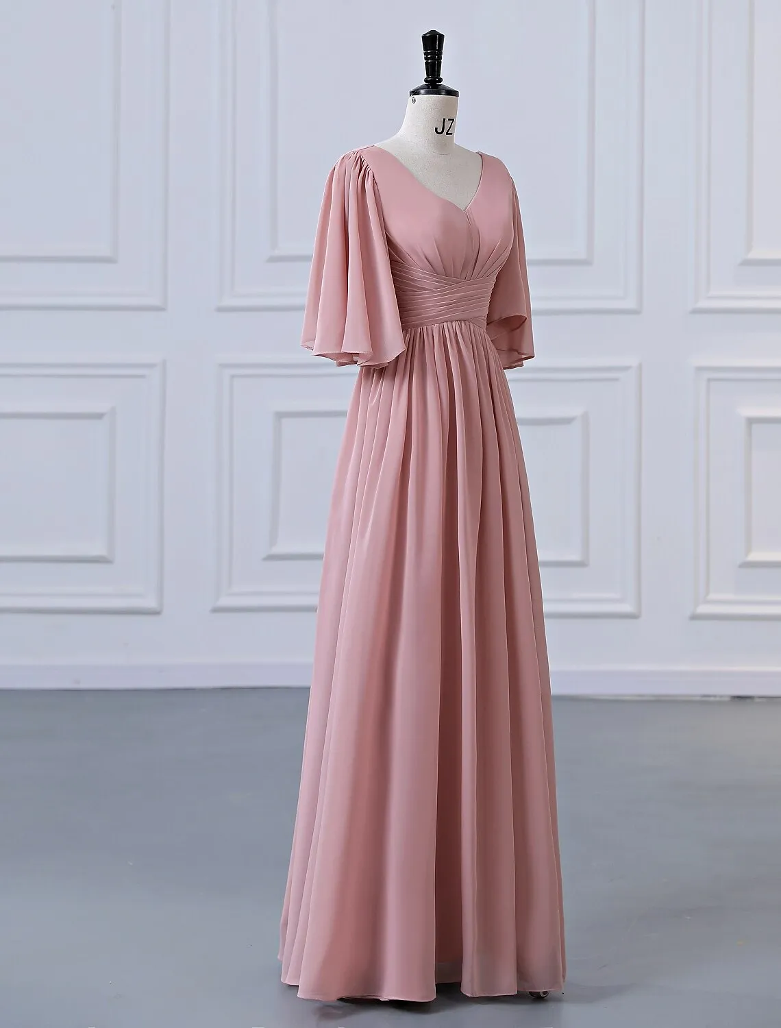 A-Line Bridesmaid Dress V Neck Half Sleeve Elegant Floor Length Chiffon with Pleats / Ruffles