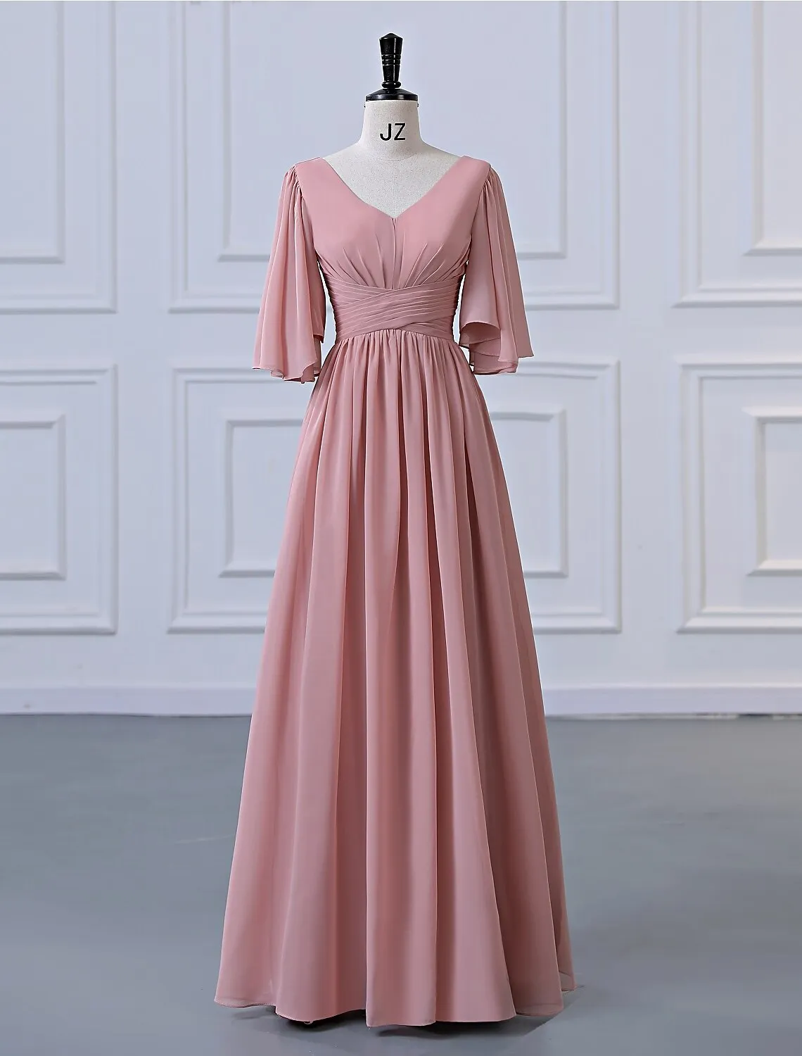 A-Line Bridesmaid Dress V Neck Half Sleeve Elegant Floor Length Chiffon with Pleats / Ruffles