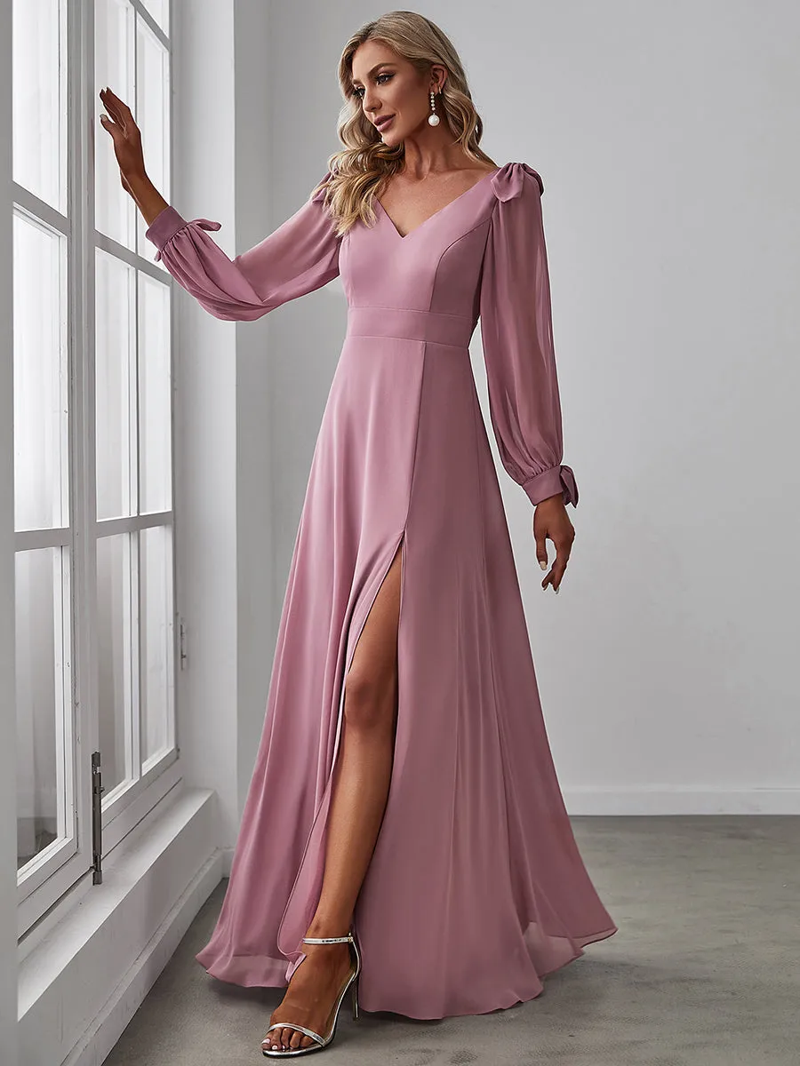 A Line V Neck Wholesale Bridesmaid Dresses With High Split