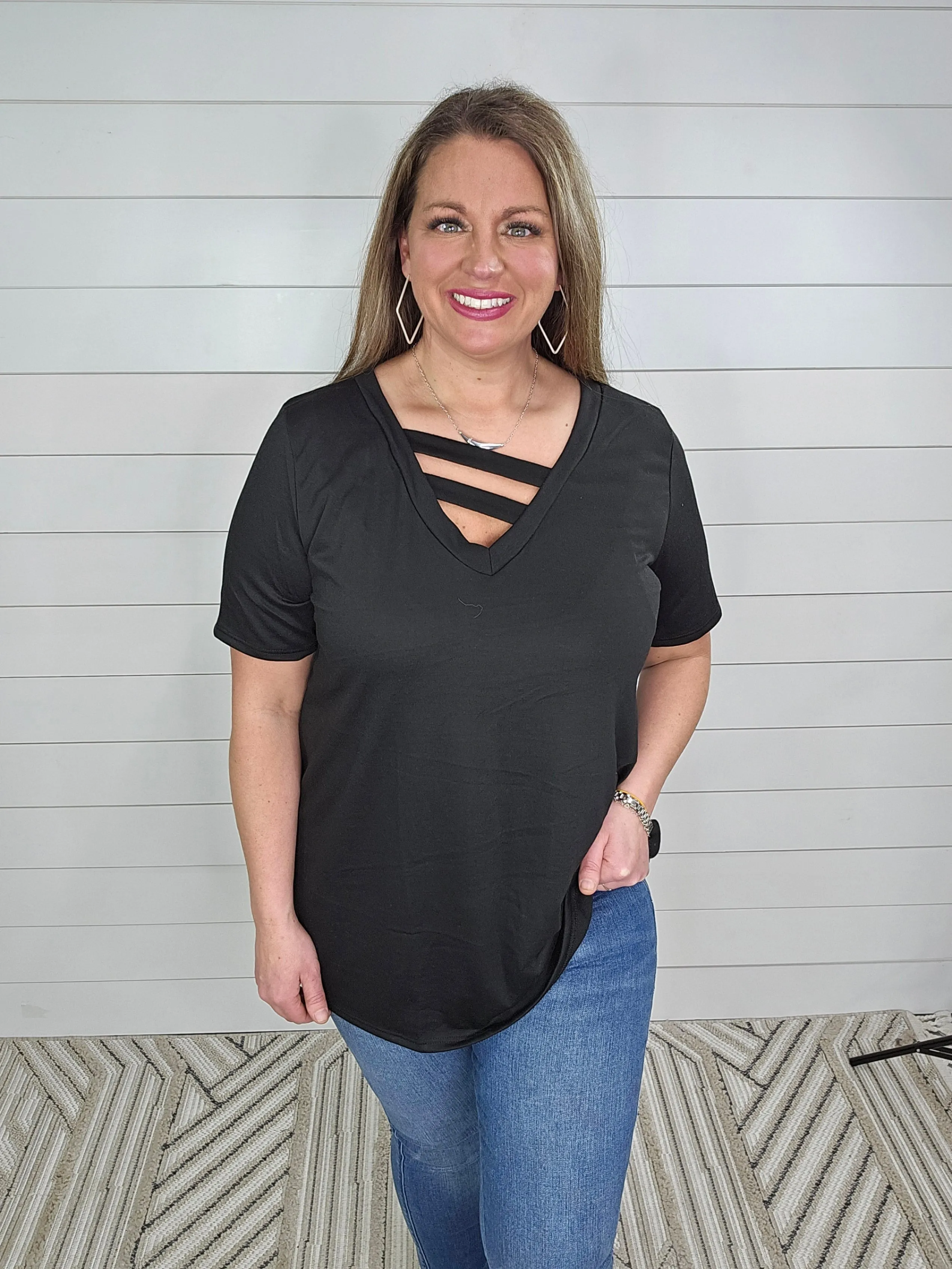 BLACK CROSS NECKLINE FRENCH TERRY TOP