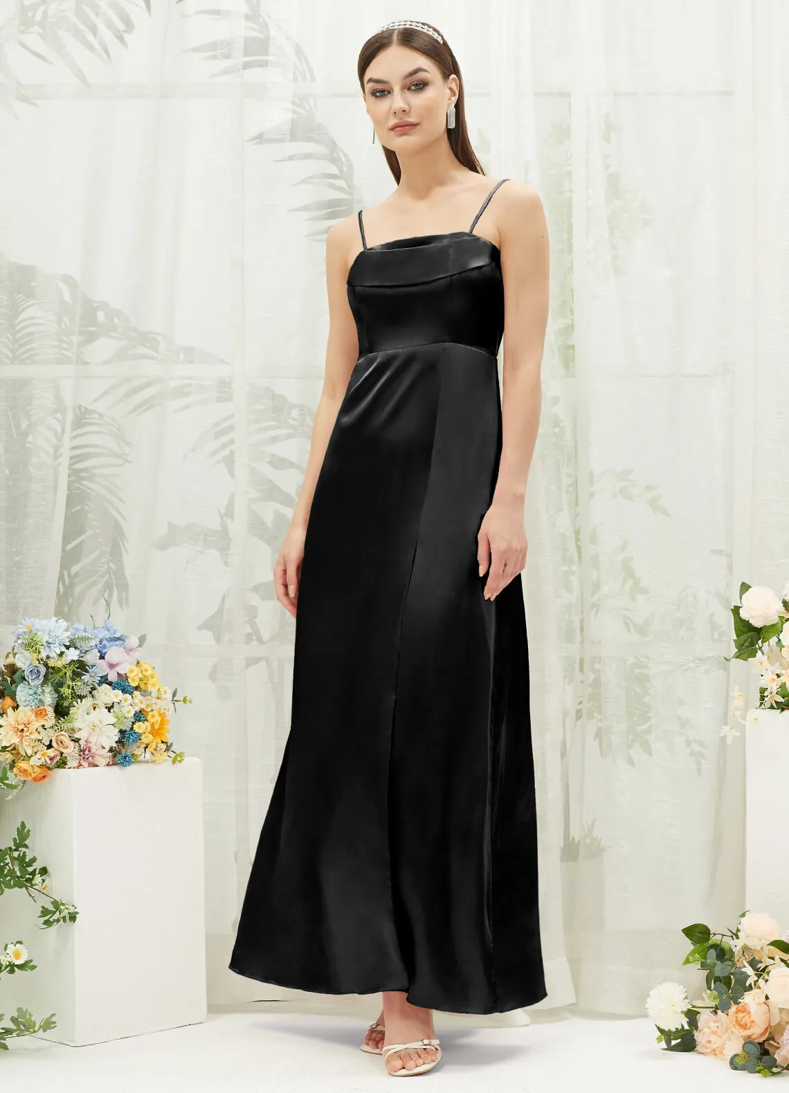 Black Satin Convertible Slit Floor Length  Bridesmaid Dresses