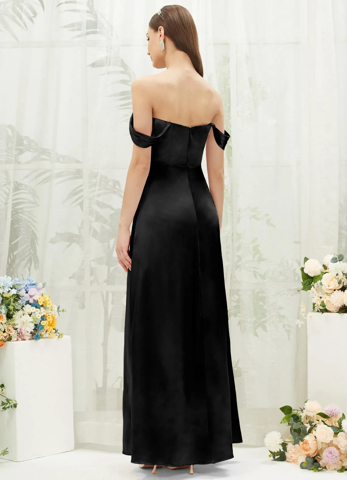 Black Satin Convertible Slit Floor Length  Bridesmaid Dresses