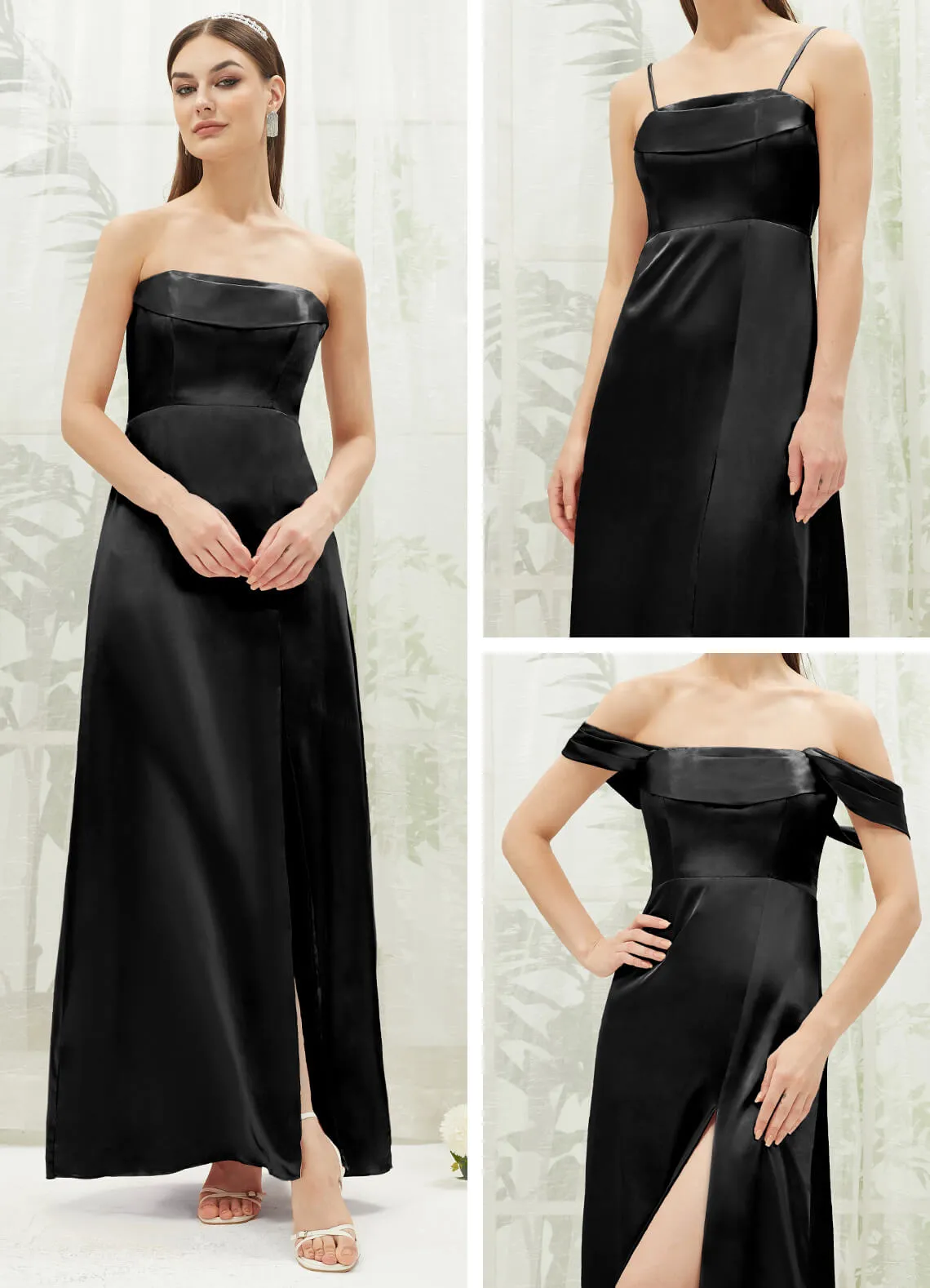 Black Satin Convertible Slit Floor Length  Bridesmaid Dresses