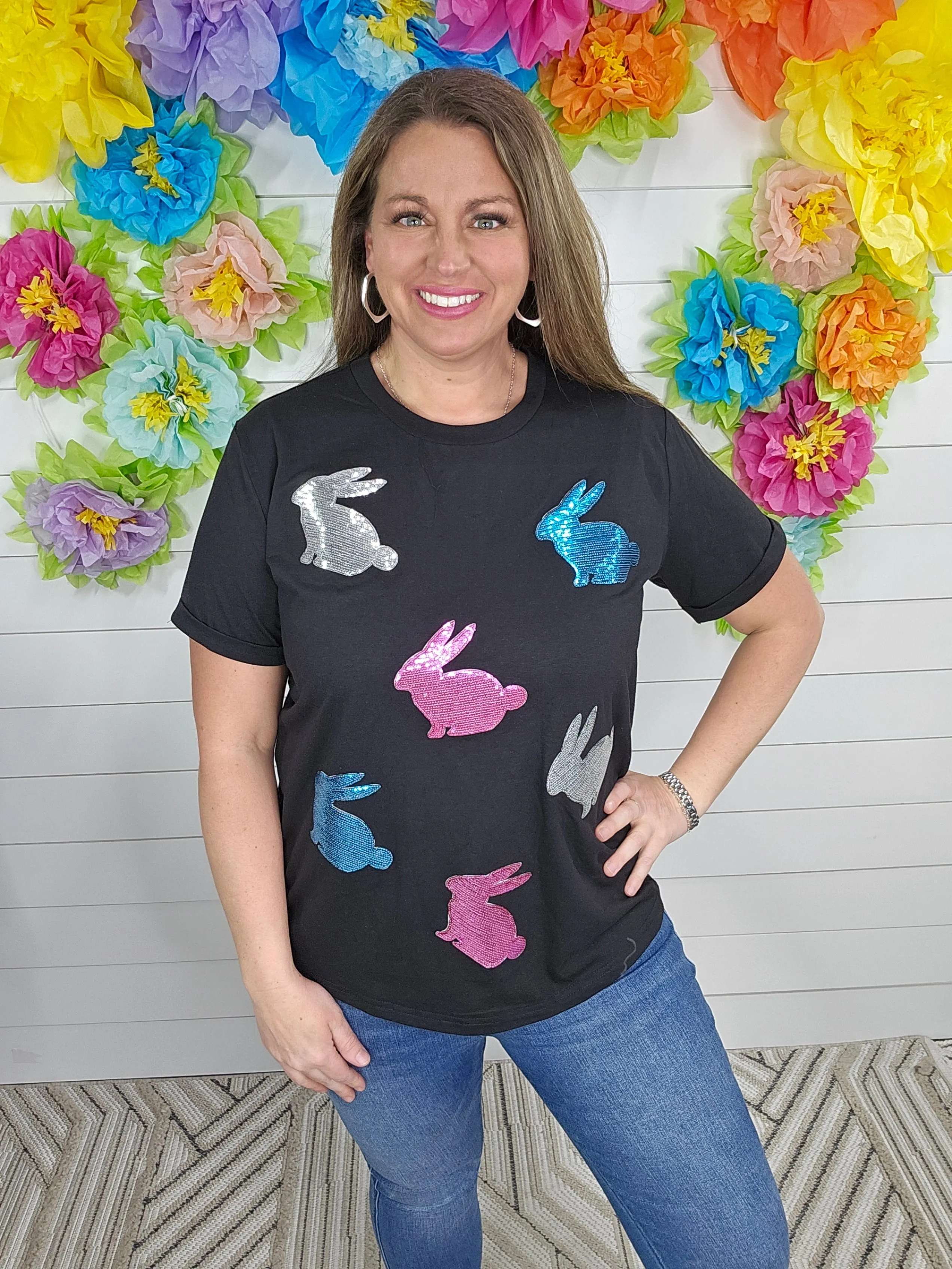 BLACK SEQUIN BUNNY TEE