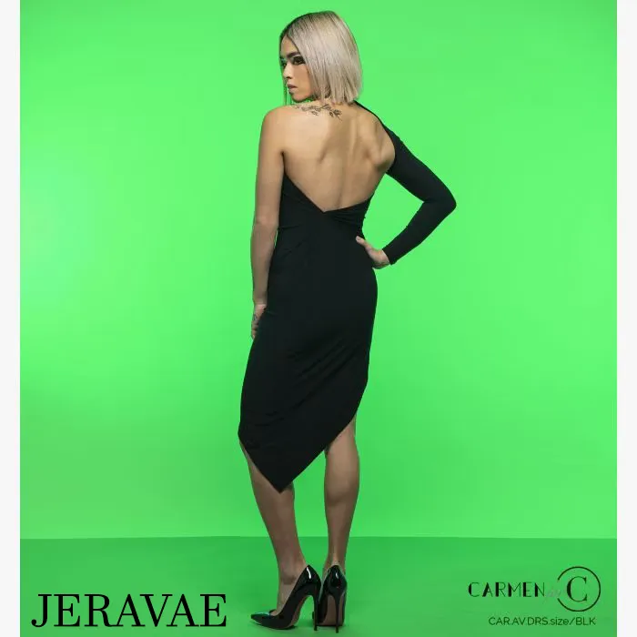 Chrisanne Clover AVA Black Latin Practice Dress with Single Long Sleeve, Asymmetric Neckline, and Angle Cut Skirt PRA 942 in Stock