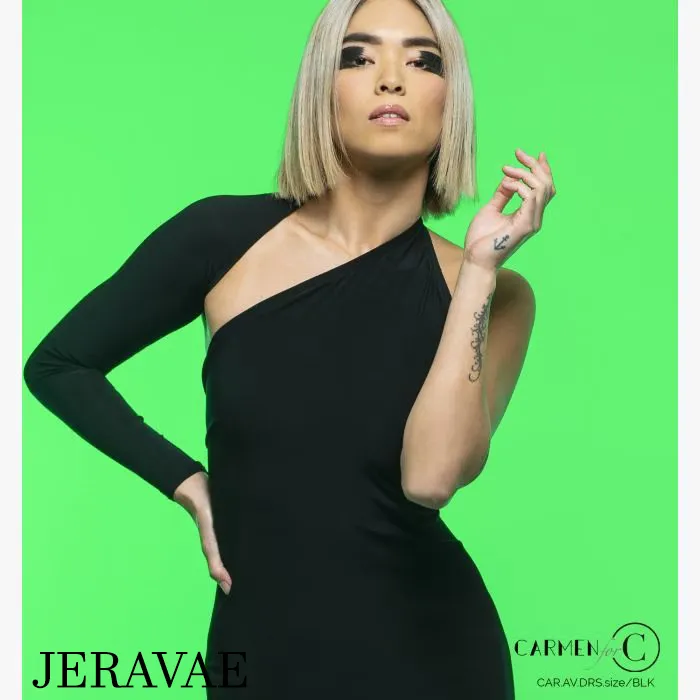 Chrisanne Clover AVA Black Latin Practice Dress with Single Long Sleeve, Asymmetric Neckline, and Angle Cut Skirt PRA 942 in Stock