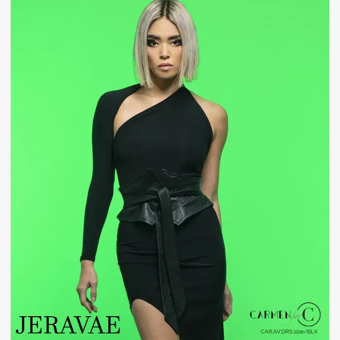 Chrisanne Clover AVA Black Latin Practice Dress with Single Long Sleeve, Asymmetric Neckline, and Angle Cut Skirt PRA 942 in Stock