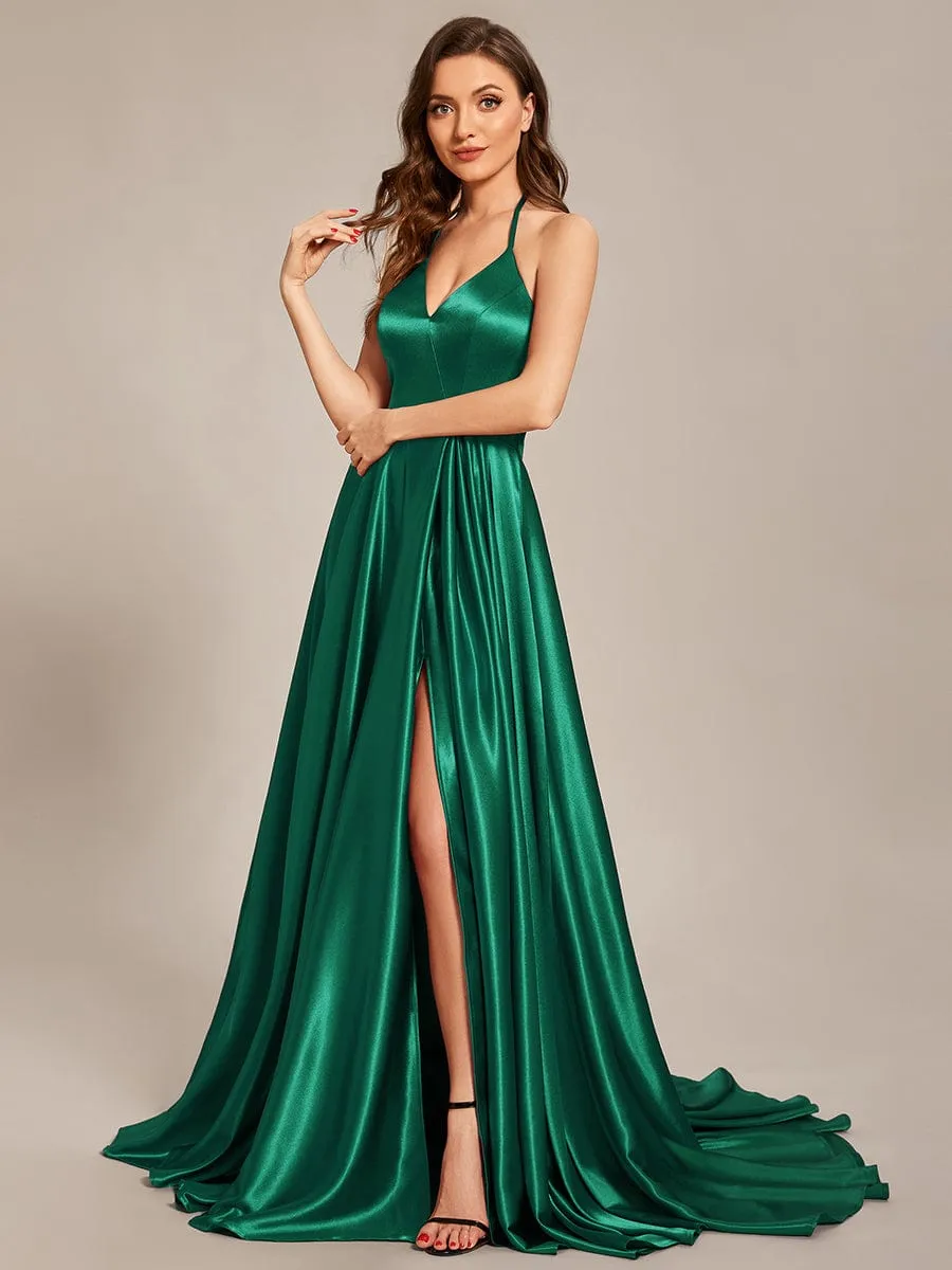 Custom Size Halter Neck High Front Slit Floor Length Prom Dress