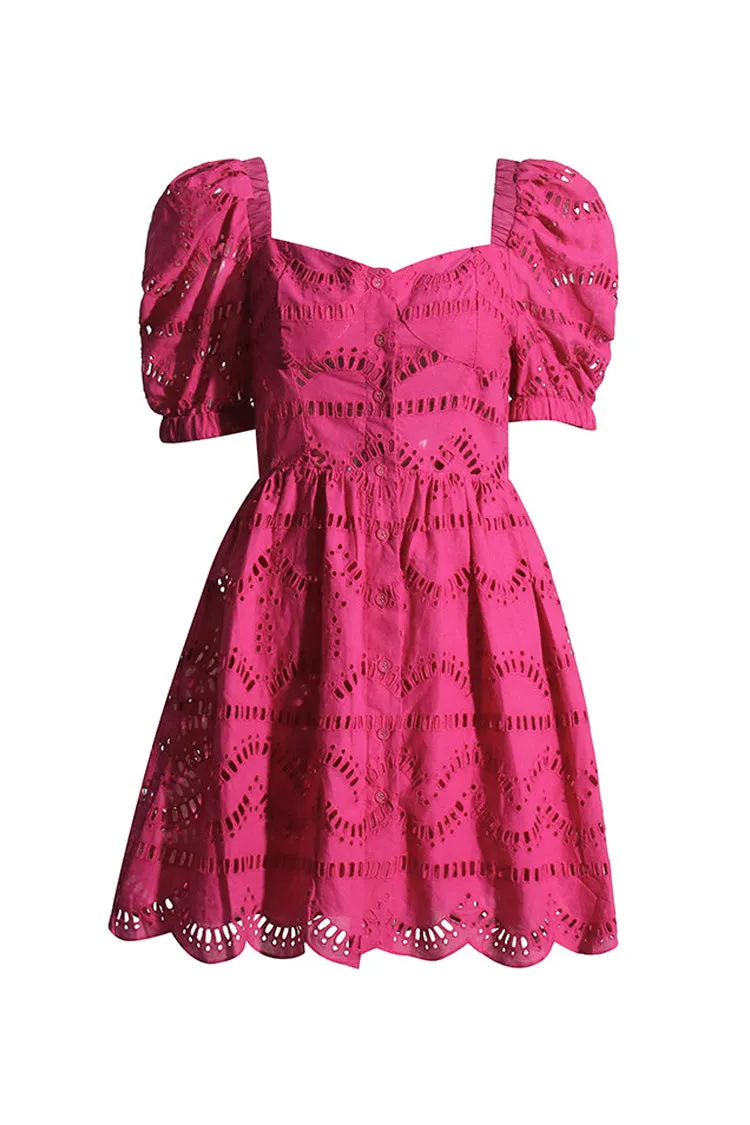 Cute Cutwork Broderie Anglaise Button Up Puff Sleeve Summer Mini Dress