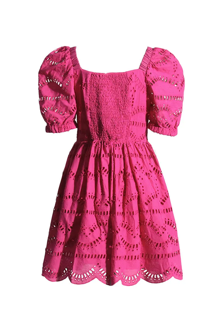 Cute Cutwork Broderie Anglaise Button Up Puff Sleeve Summer Mini Dress