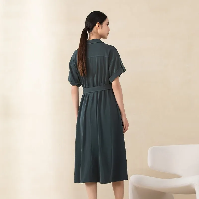 Dark Green Belted Waist Midi Dress with Buttons