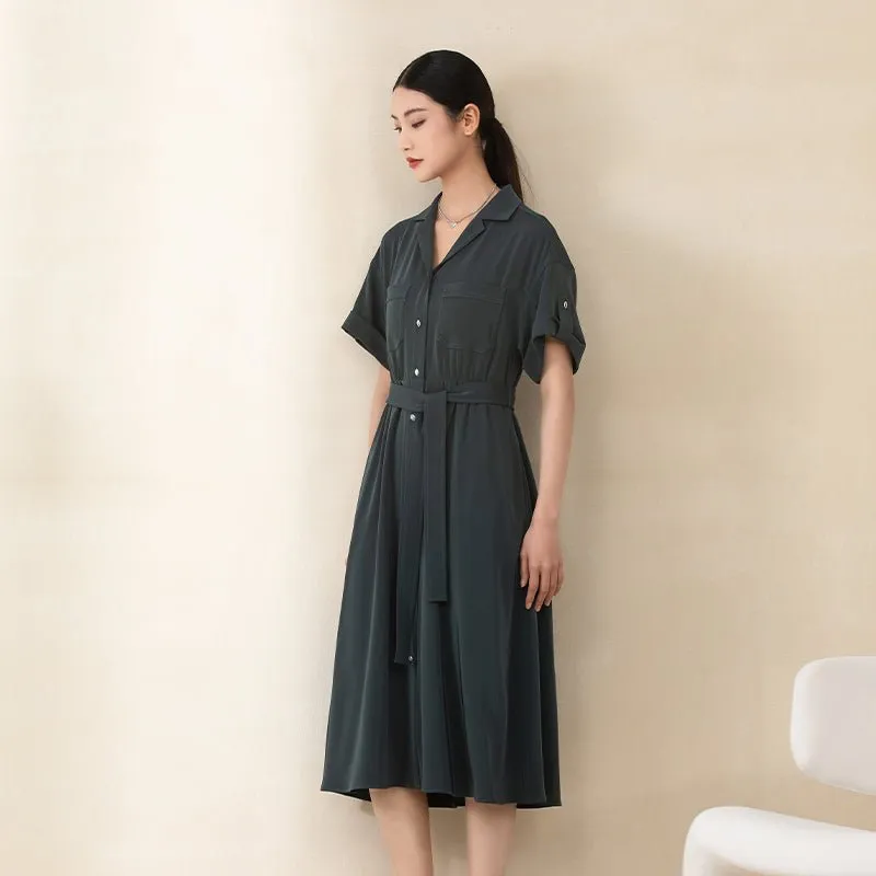 Dark Green Belted Waist Midi Dress with Buttons