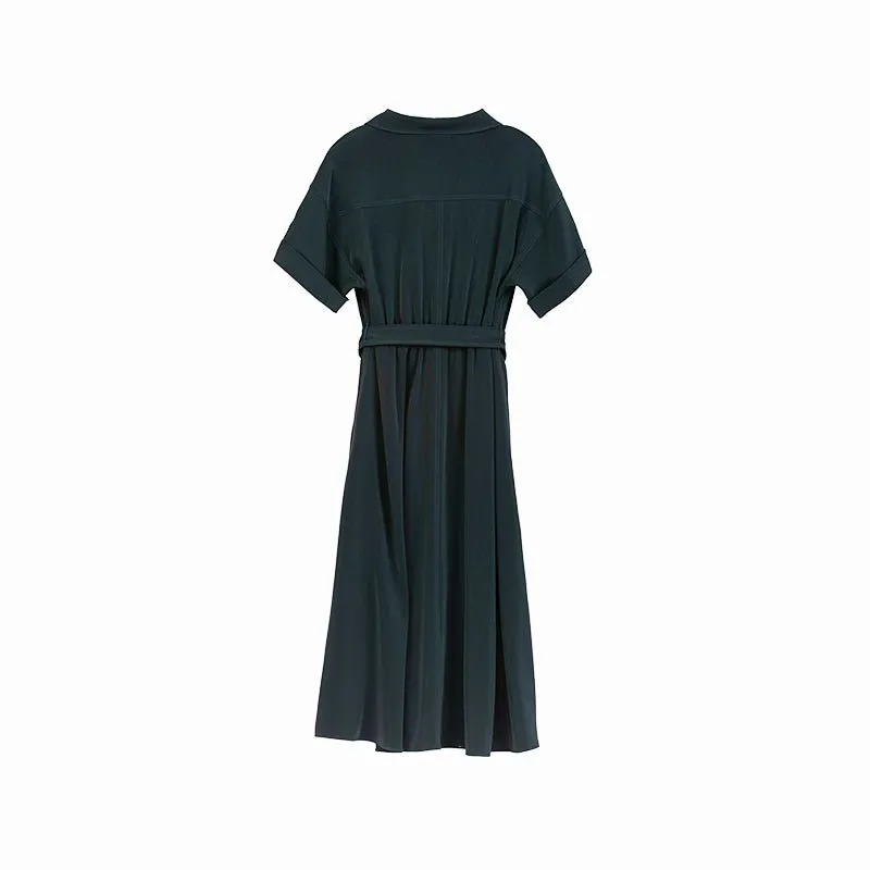 Dark Green Belted Waist Midi Dress with Buttons