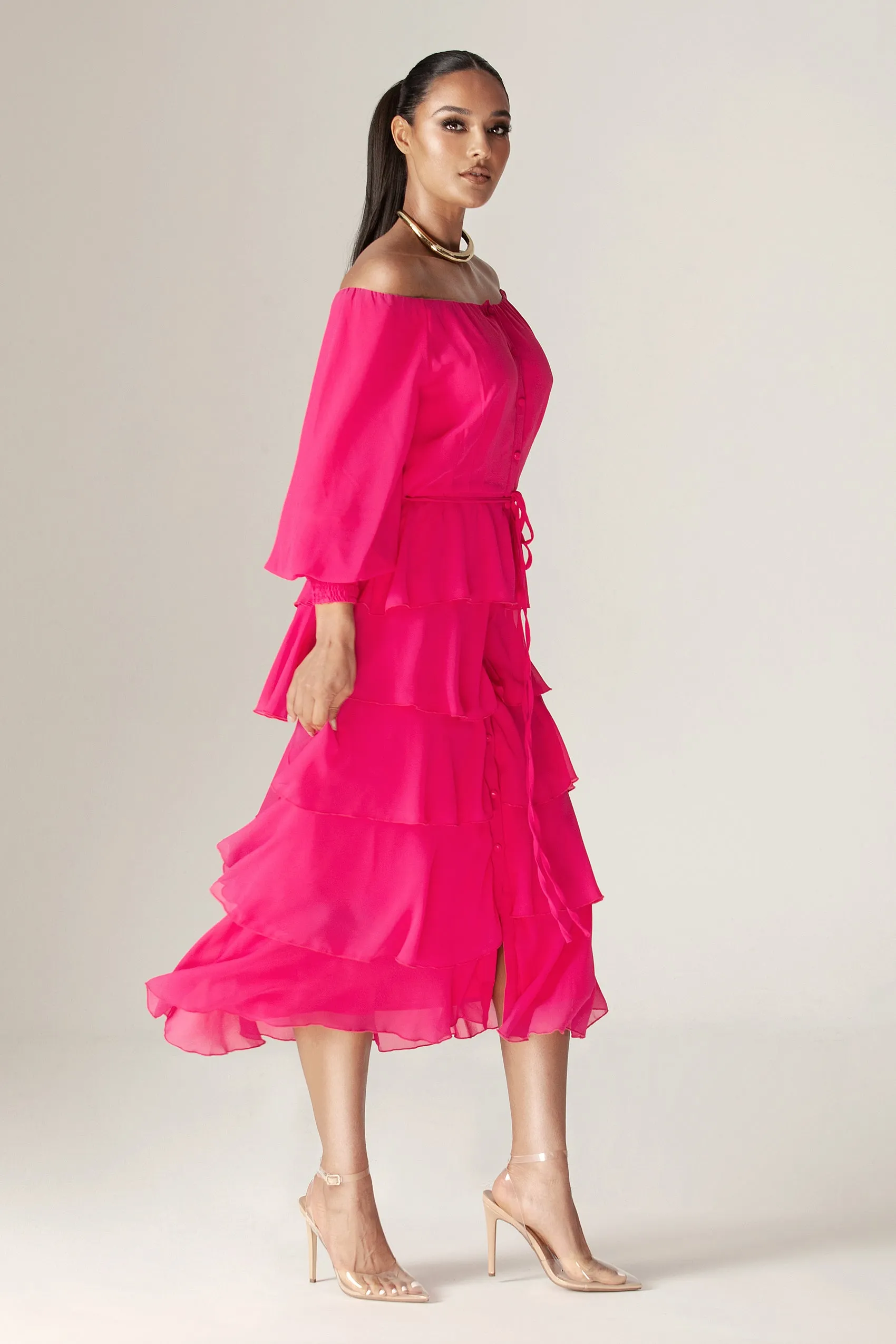 Dorra Floral Chiffon Dress (Hot Pink)