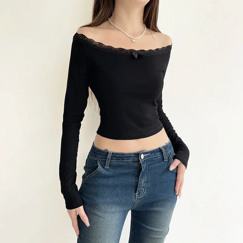 Fashion Black Basic Autumn T shirt Female Lace Trim Knit Crop Top Bow Off Shoulder Korean Elegant Sexy Tee Pullovers