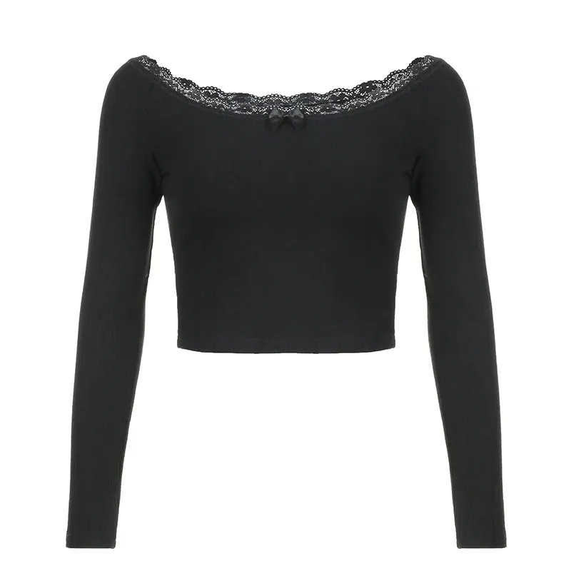 Fashion Black Basic Autumn T shirt Female Lace Trim Knit Crop Top Bow Off Shoulder Korean Elegant Sexy Tee Pullovers