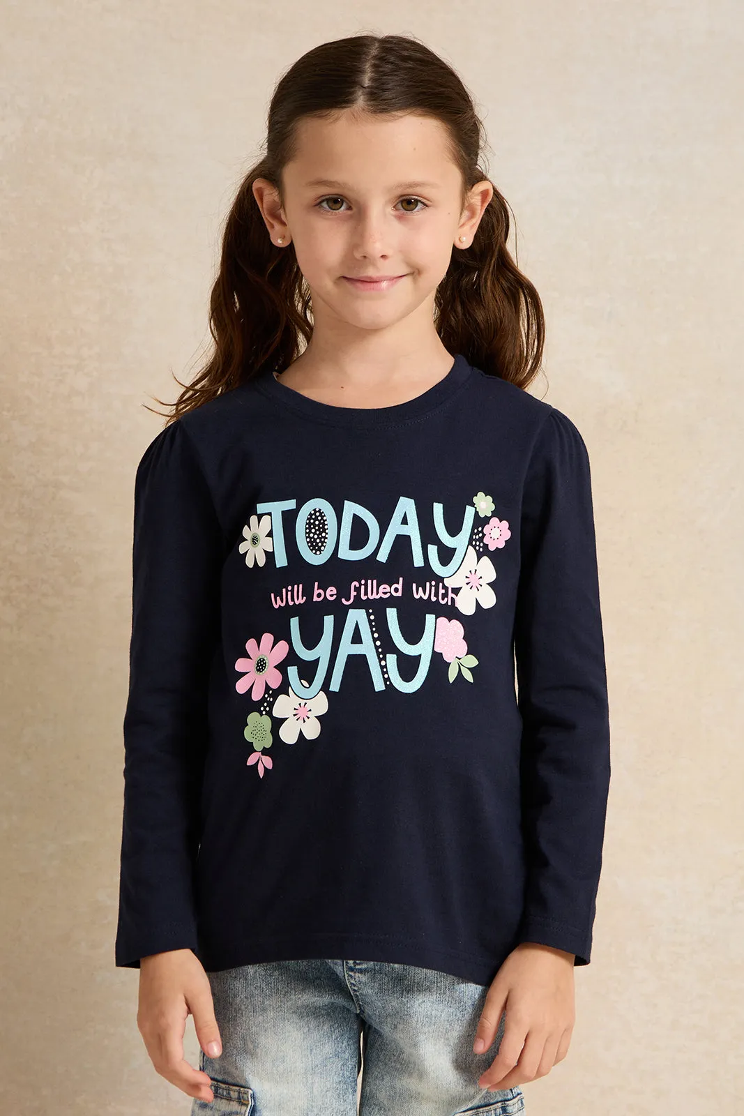 Girls Pink And Navy Printed T-Shirt Set (2 Piece)