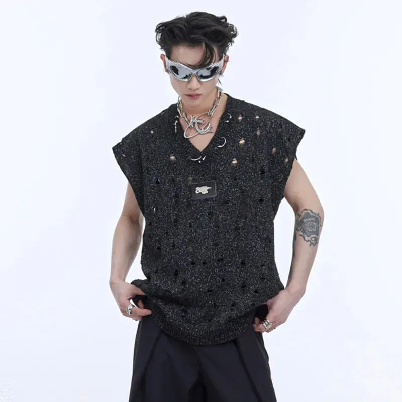 High Street Men's Vest Loose Worn-out Hollow Out Knitting Metal Design O-neck Sleeveless Male Tank Tops Trend 9C6752