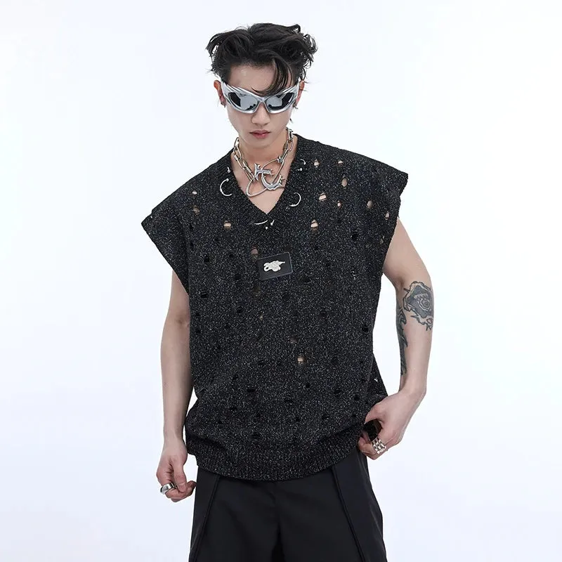 High Street Men's Vest Loose Worn-out Hollow Out Knitting Metal Design O-neck Sleeveless Male Tank Tops Trend 9C6752