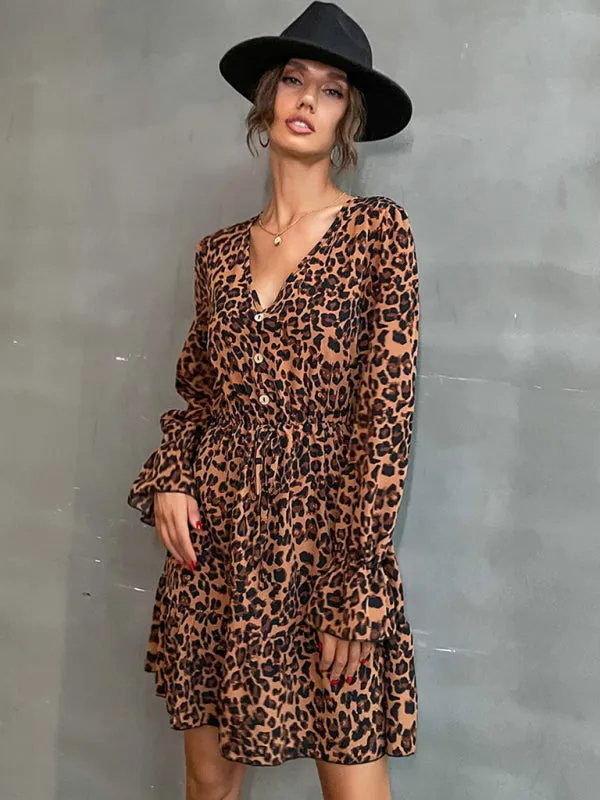 Leopard Print Buttoned Long Sleeve Dress