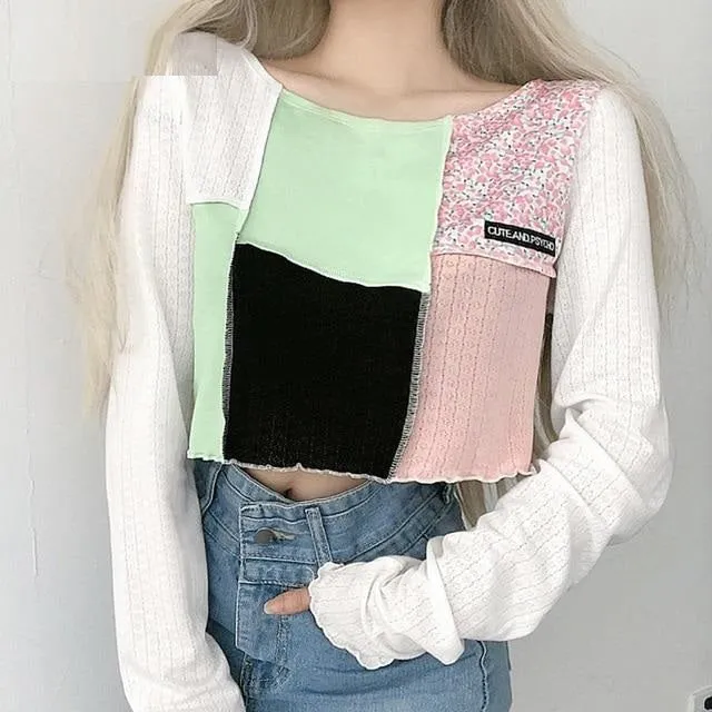 Patchwork Casual Shirt Fashion Style O-Neck Loose Crop Top Long Sleeve