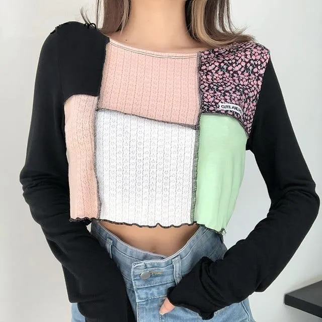 Patchwork Casual Shirt Fashion Style O-Neck Loose Crop Top Long Sleeve