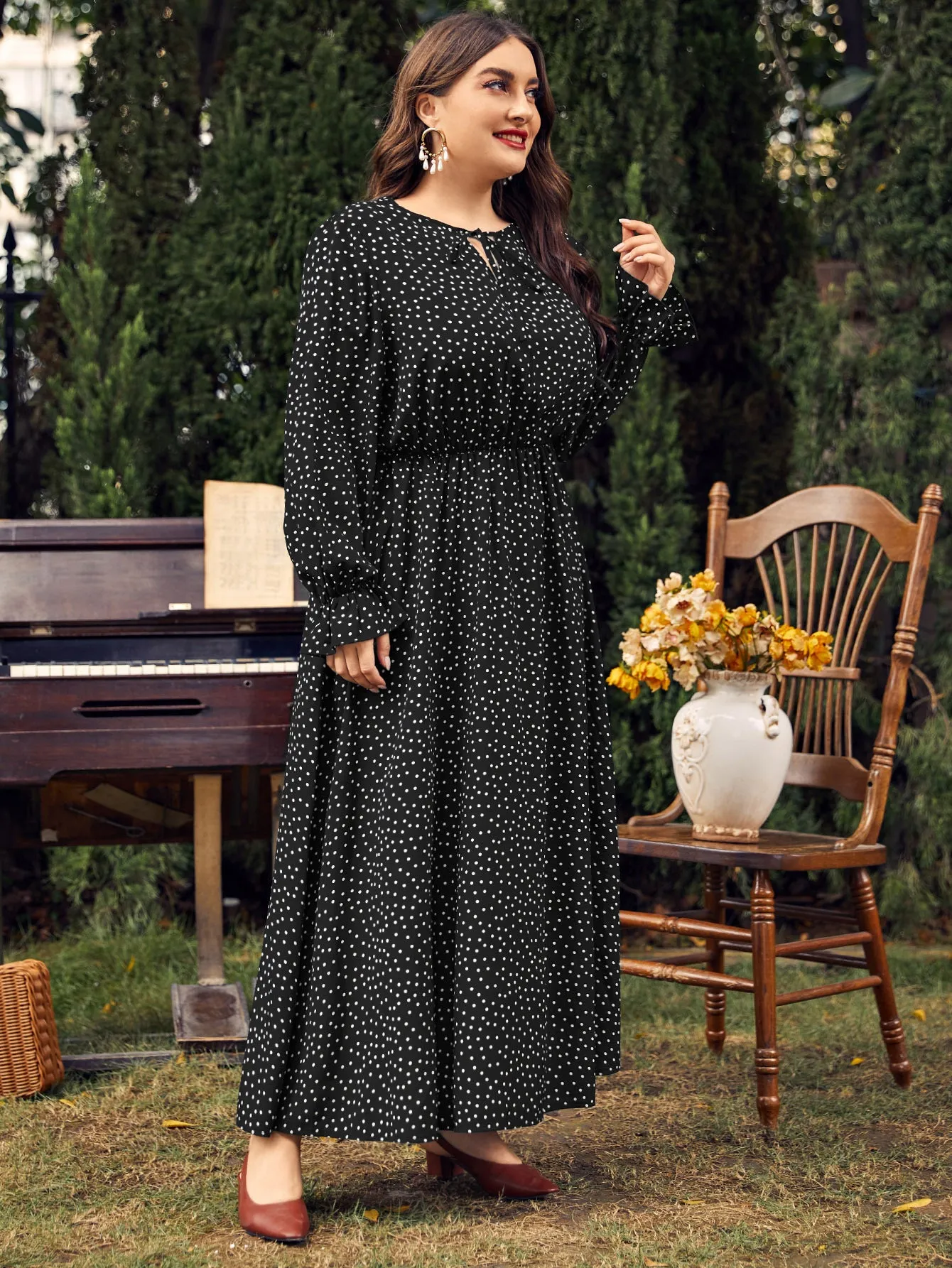 Plus Size Polka-Dot Long Sleeve Dress