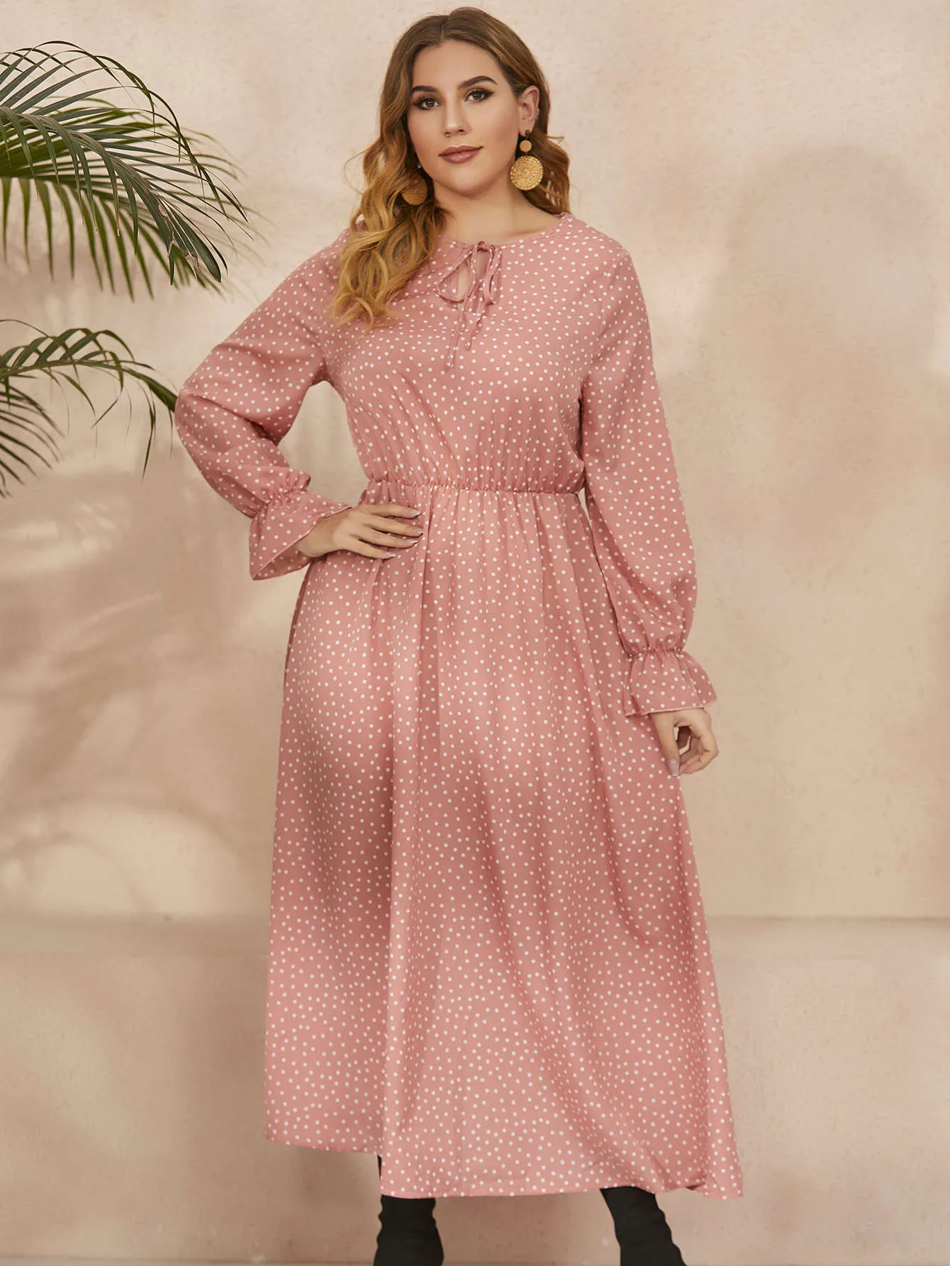 Plus Size Polka-Dot Long Sleeve Dress