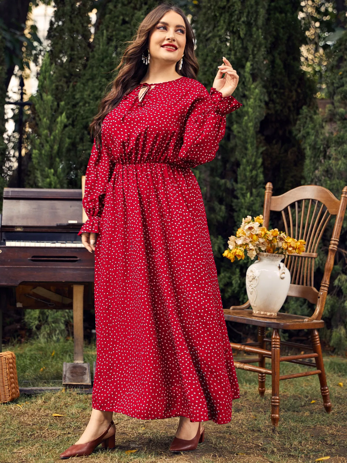 Plus Size Polka-Dot Long Sleeve Dress