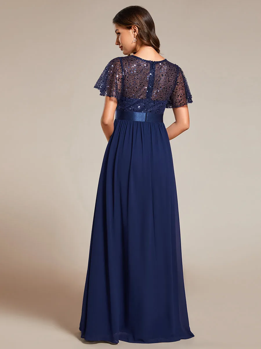 Round-Neck Sequin Chiffon High Waist Formal Evening Dress With Short Sleeves