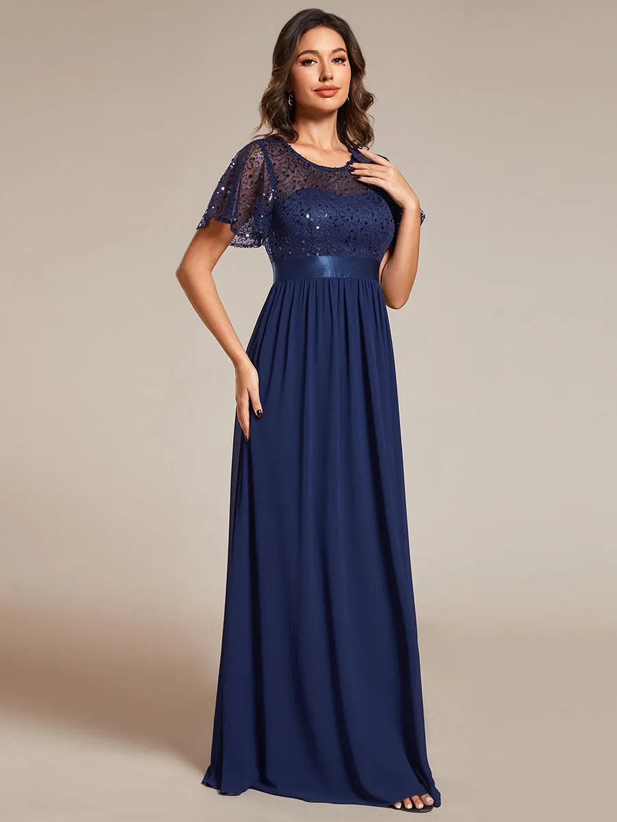 Round-Neck Sequin Chiffon High Waist Formal Evening Dress With Short Sleeves