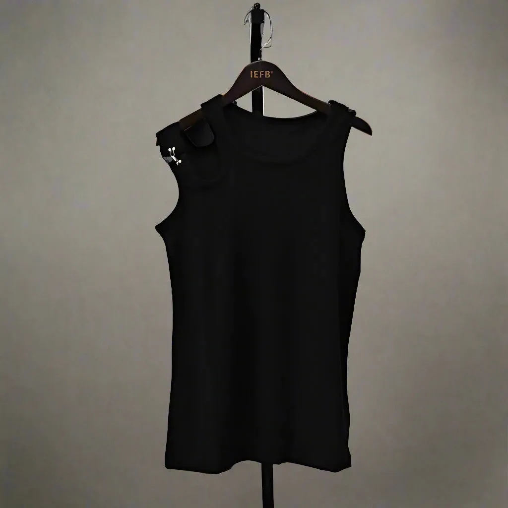 Shoulder Buckle Male Vest Niche Design Round Collar Solid Color Men's Sleeveless Tops Casual Spring Trend 9A3220