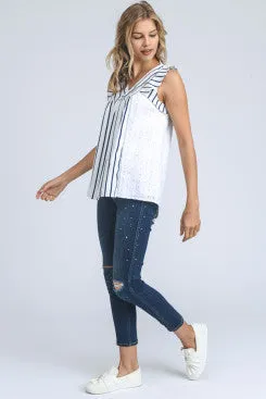 Sleeveless Striped and Embroidered Top