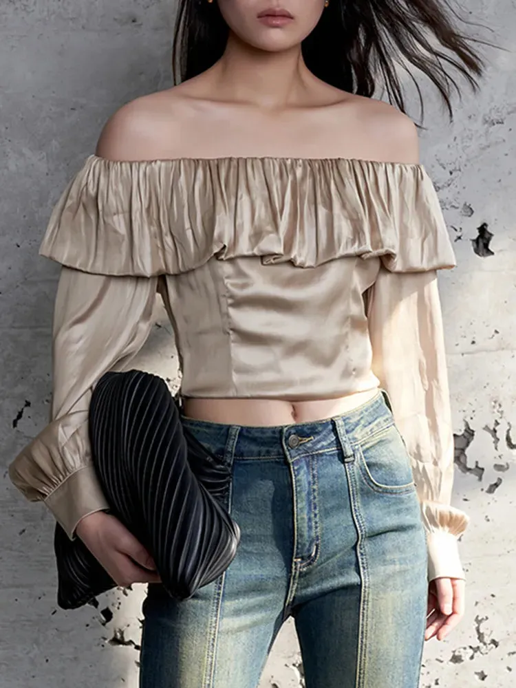 Solid Elegant Blouses For Women Slash Neck Long Sleeve Patchwork Ruffles Temperament Shirt Female Fashion Clothing