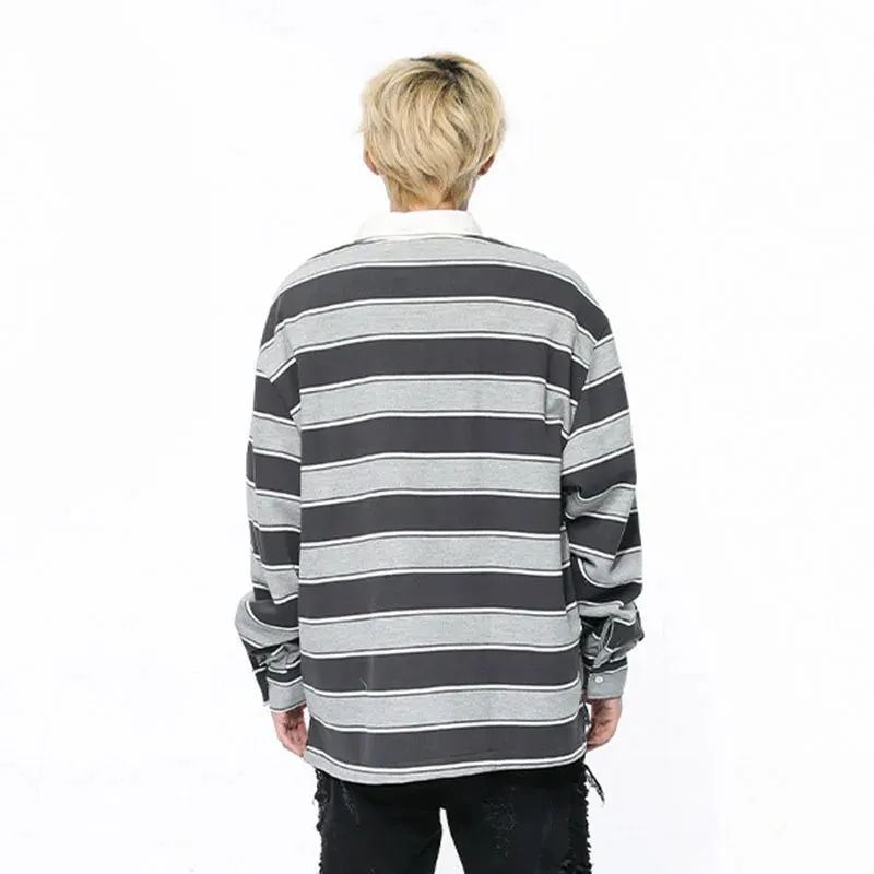 Trendy Men's Wear Long Sleeve T-shirt Lapel Pullover Autumn Academy Style Contrast Color Striped Men's Top 9C5182