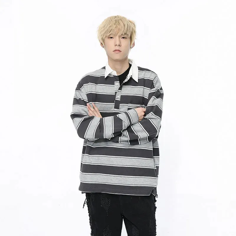 Trendy Men's Wear Long Sleeve T-shirt Lapel Pullover Autumn Academy Style Contrast Color Striped Men's Top 9C5182