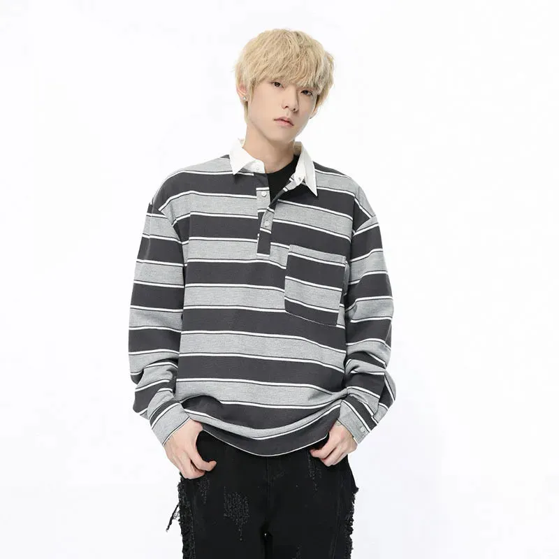 Trendy Men's Wear Long Sleeve T-shirt Lapel Pullover Autumn Academy Style Contrast Color Striped Men's Top 9C5182