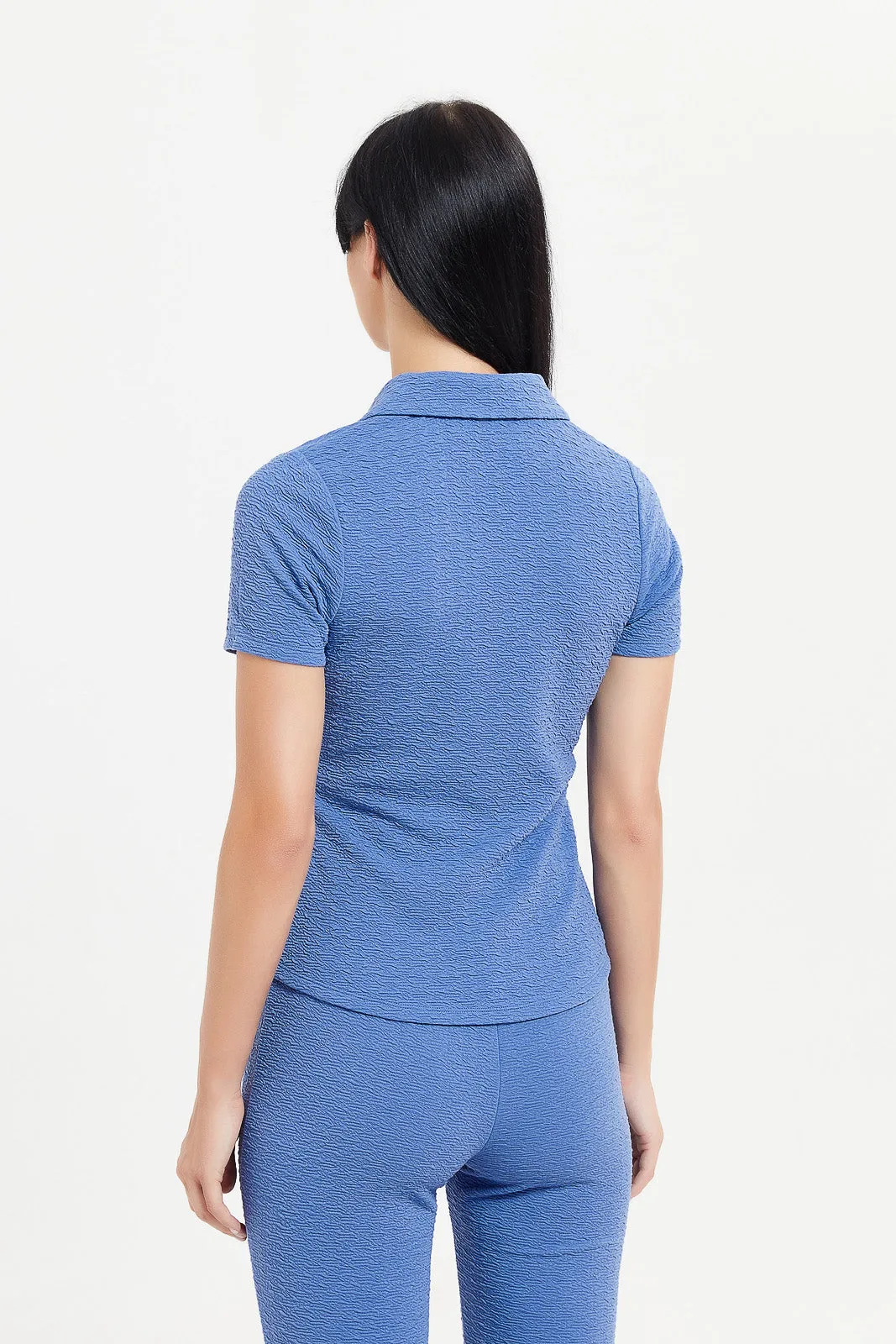 Women Blue Textured Collared Top