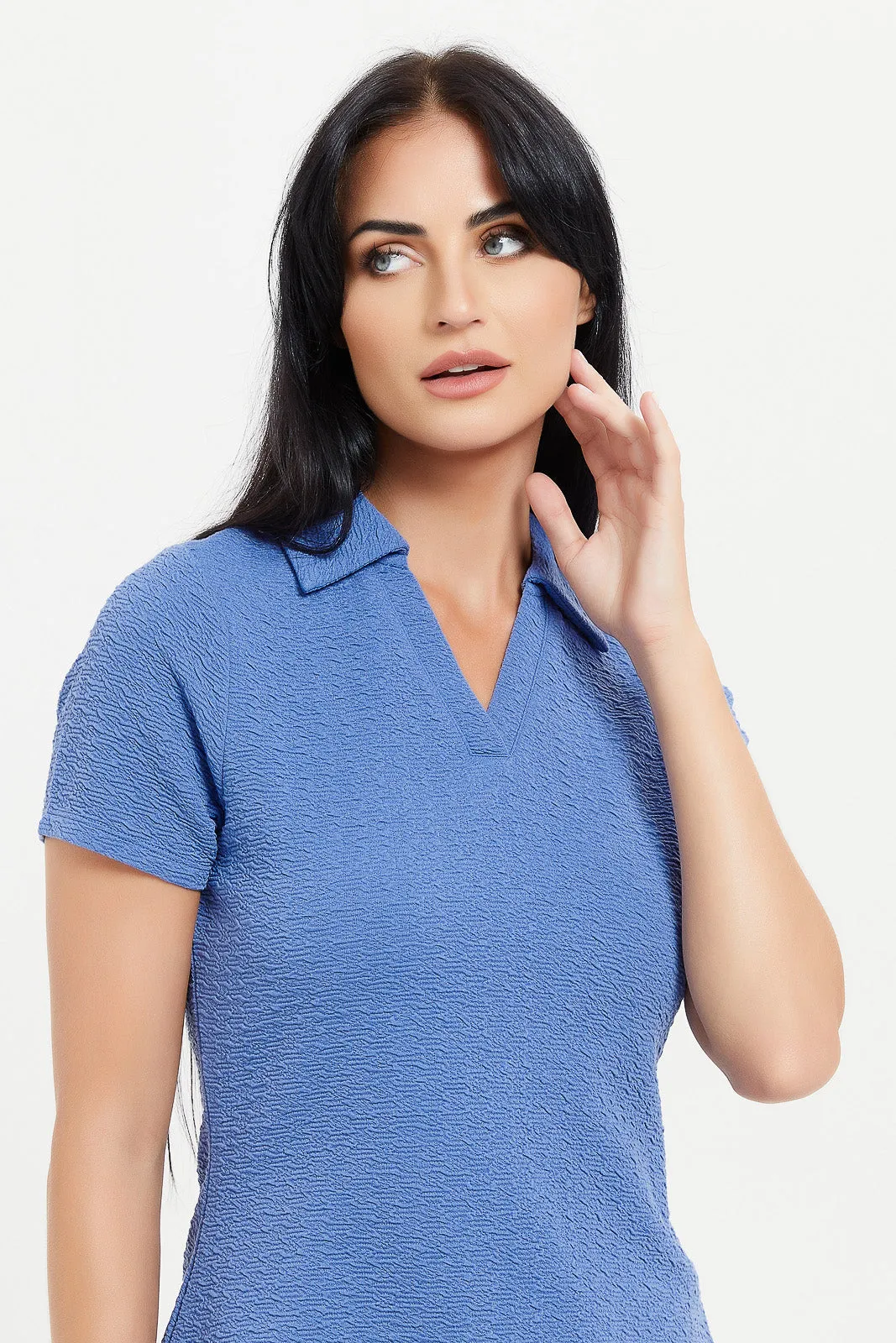 Women Blue Textured Collared Top