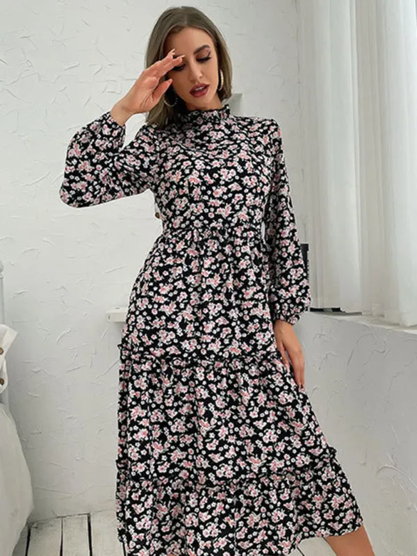 Women Floral Print Long Sleeve Knit Dress